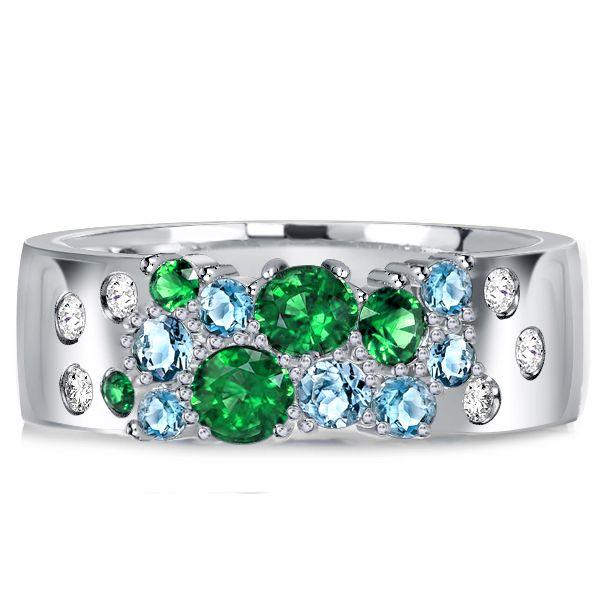 Emerald, Sapphire & Aquamarine Sterling Silver Wedding Band Ring