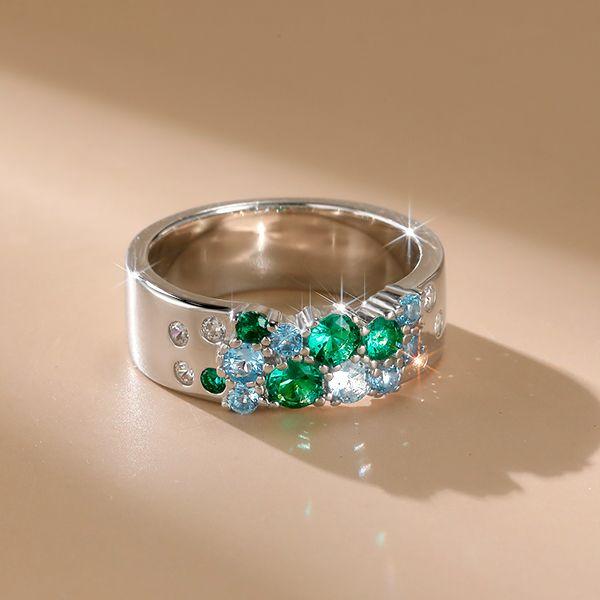 Emerald, Sapphire & Aquamarine Sterling Silver Wedding Band Ring