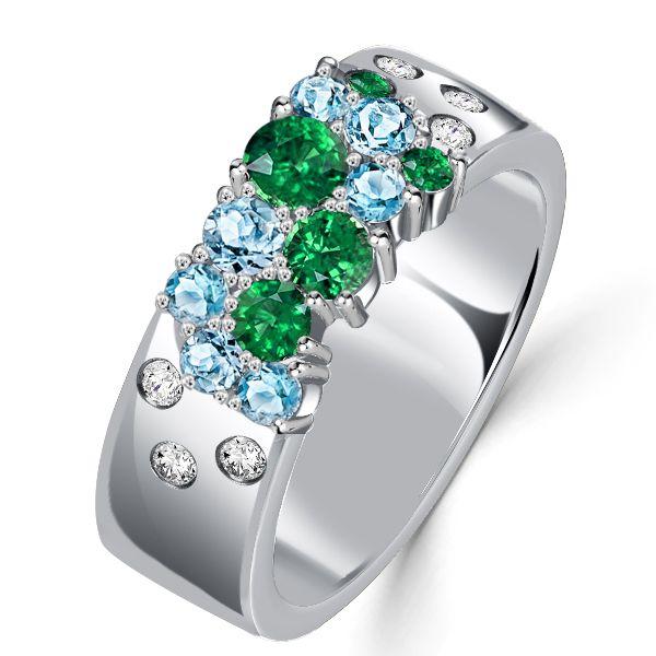 Emerald, Sapphire & Aquamarine Sterling Silver Wedding Band Ring
