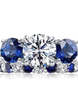 White & Blue Three Stone Round Cut Sterling Silver Bridal Ring Set