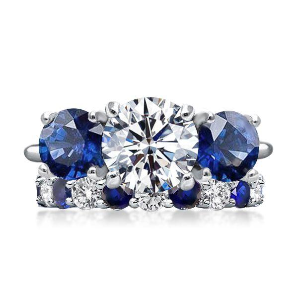 White & Blue Three Stone Round Cut Sterling Silver Bridal Ring Set