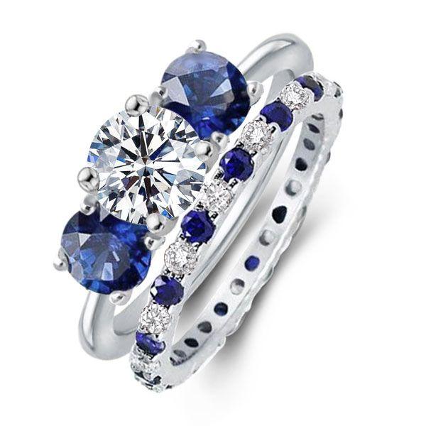 White & Blue Three Stone Round Cut Sterling Silver Bridal Ring Set