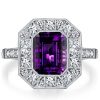 Halo Emerald Cut Amethyst Ring - Vintage Style Sterling Silver Engagement Ring