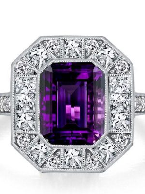 Halo Emerald Cut Amethyst Ring - Vintage Style Sterling Silver Engagement Ring