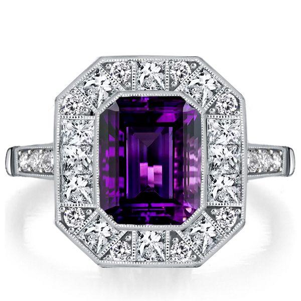 Halo Emerald Cut Amethyst Ring - Vintage Style Sterling Silver Engagement Ring