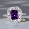 Halo Emerald Cut Amethyst Ring - Vintage Style Sterling Silver Engagement Ring