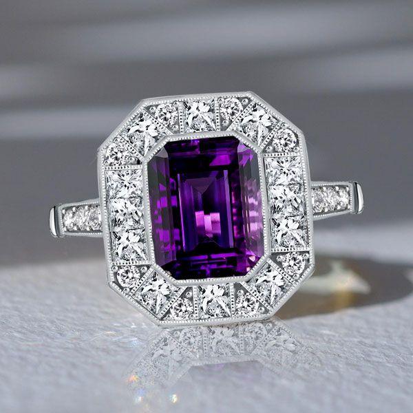 Halo Emerald Cut Amethyst Ring - Vintage Style Sterling Silver Engagement Ring