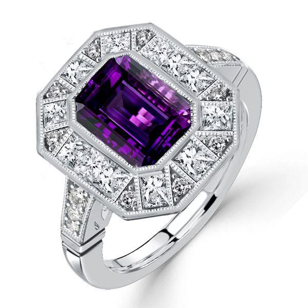 Halo Emerald Cut Amethyst Ring - Vintage Style Sterling Silver Engagement Ring