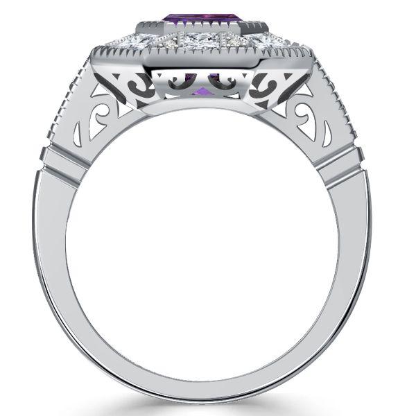 Halo Emerald Cut Amethyst Ring - Vintage Style Sterling Silver Engagement Ring