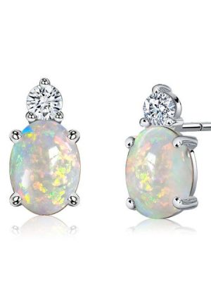 Oval Opal Earrings in Sterling Silver - Vintage Style Opal Jewelry