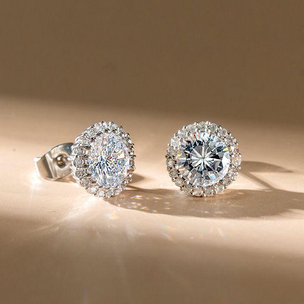 Halo White Sapphire Stud Earrings in Sterling Silver