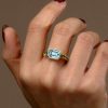 Vintage Emerald Cut Aquamarine Bezel Ring, 18K Gold Plated Sterling Silver Engagement Ring