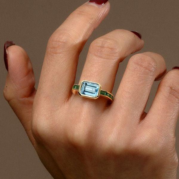 Vintage Emerald Cut Aquamarine Bezel Ring, 18K Gold Plated Sterling Silver Engagement Ring