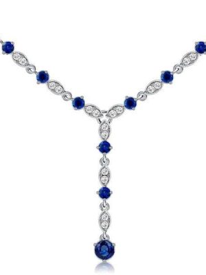 Milgrain Blue Sapphire Y Necklace in Sterling Silver with Adjustable Chain