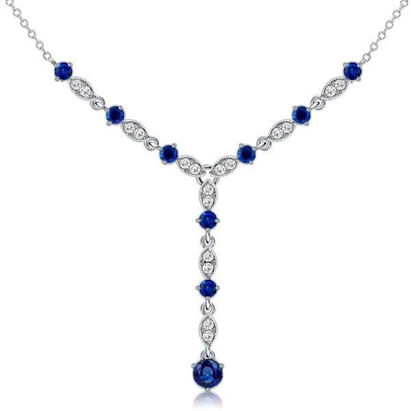 Milgrain Blue Sapphire Y Necklace in Sterling Silver with Adjustable Chain