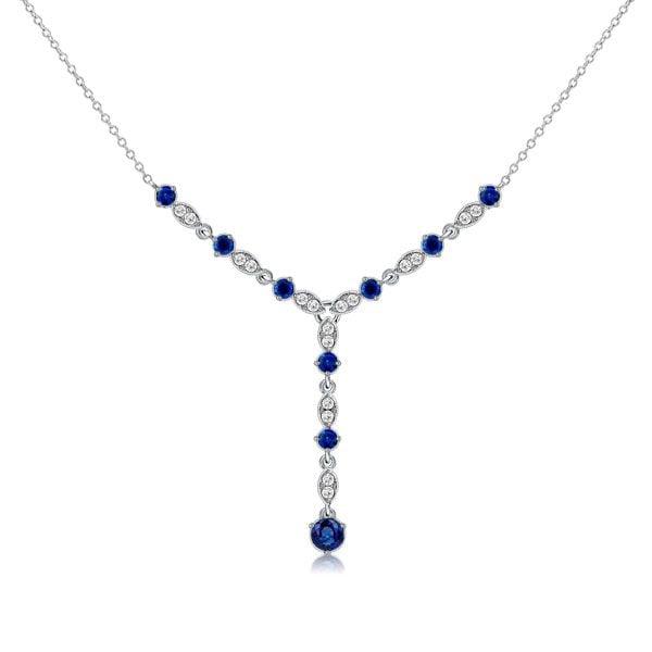 Milgrain Blue Sapphire Y Necklace in Sterling Silver with Adjustable Chain