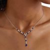 Milgrain Blue Sapphire Y Necklace in Sterling Silver with Adjustable Chain