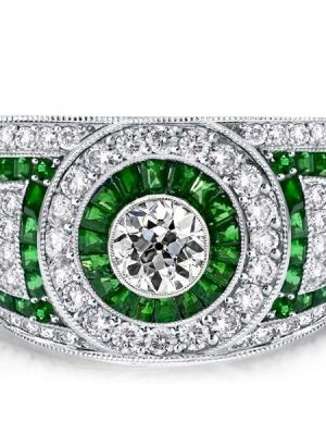 Emerald & Sapphire Halo Engagement Ring - Vintage Milgrain Sterling Silver