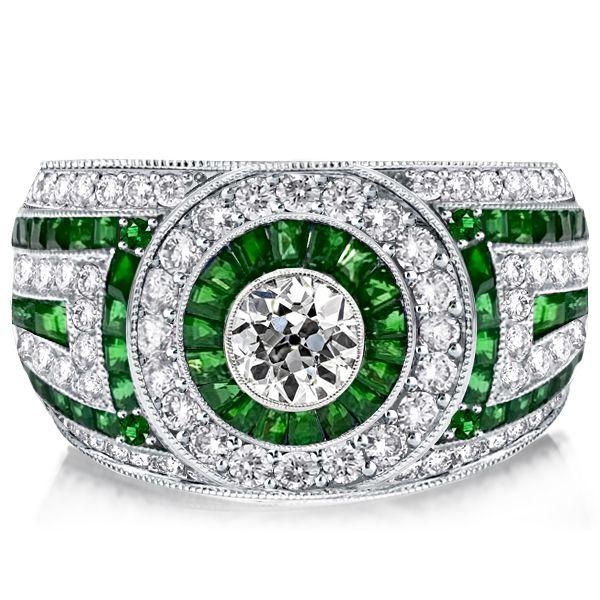 Emerald & Sapphire Halo Engagement Ring - Vintage Milgrain Sterling Silver