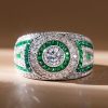 Emerald & Sapphire Halo Engagement Ring - Vintage Milgrain Sterling Silver