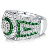 Emerald & Sapphire Halo Engagement Ring - Vintage Milgrain Sterling Silver