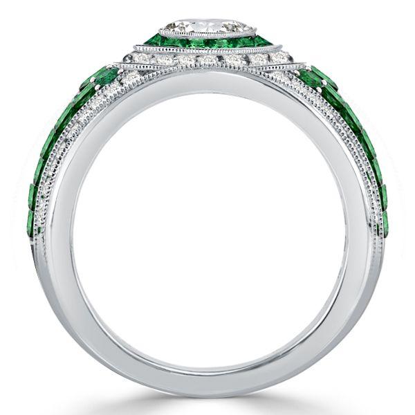 Emerald & Sapphire Halo Engagement Ring - Vintage Milgrain Sterling Silver