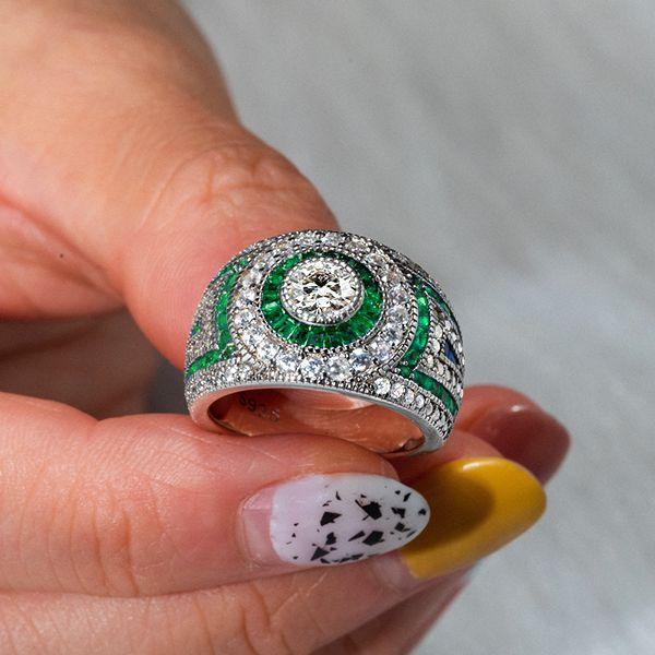Emerald & Sapphire Halo Engagement Ring - Vintage Milgrain Sterling Silver