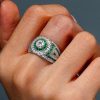 Emerald & Sapphire Halo Engagement Ring - Vintage Milgrain Sterling Silver