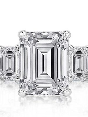 Emerald Three Stone Created White Sapphire Engagement Ring in 925 Sterling Silver