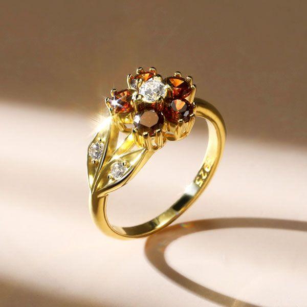 Golden Champagne Sapphire Floral Engagement Ring - 18K Gold Plated Sterling Silver