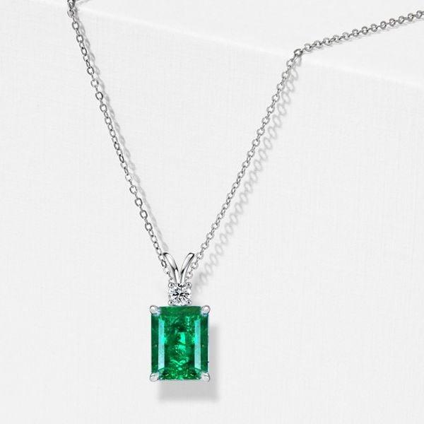 Emerald Cut Emerald Green Pendant Necklace in 925 Sterling Silver for Women
