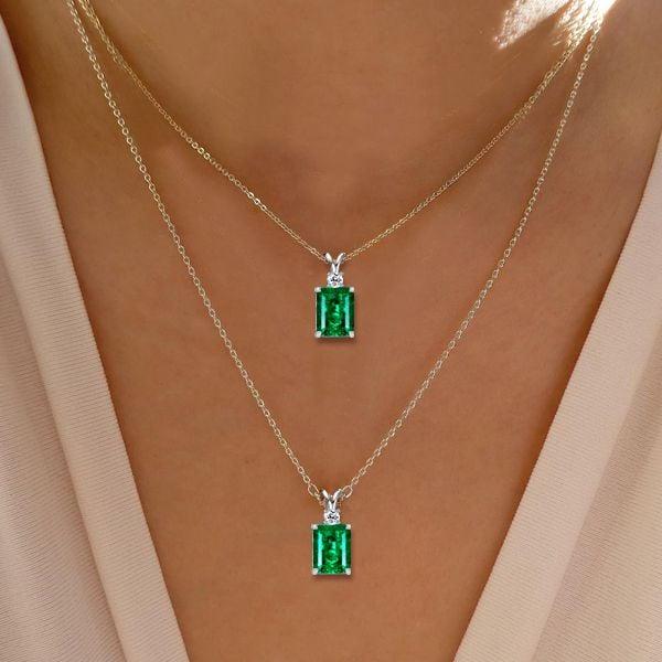 Emerald Cut Emerald Green Pendant Necklace in 925 Sterling Silver for Women