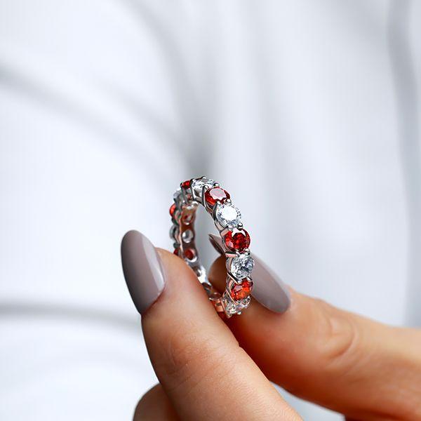 Garnet Eternity Wedding Band - Sterling Silver Round Cut Ring