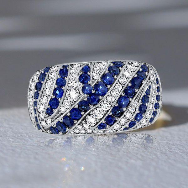 Blue Sapphire Milgrain Wedding Band Vintage Cocktail Ring in Sterling Silver