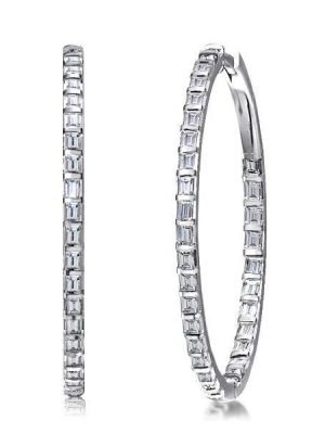 Dainty Baguette Hoop Earrings in 925 Sterling Silver with Rhodium Finish