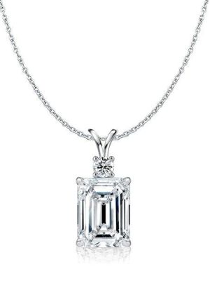 Emerald Cut White Sapphire Pendant Necklace in Rhodium-Plated Sterling Silver