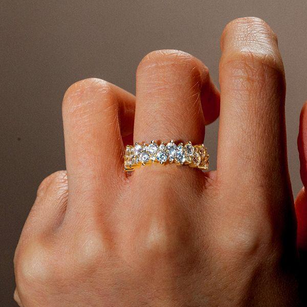 Golden Double Row Round Cut CZ Half Eternity Wedding Band - 18K Gold Plated Sterling Silver