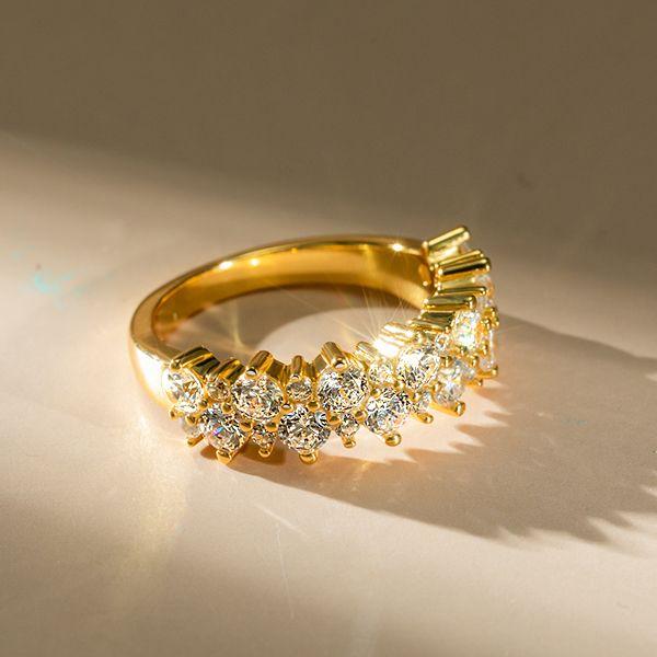 Golden Double Row Round Cut CZ Half Eternity Wedding Band - 18K Gold Plated Sterling Silver