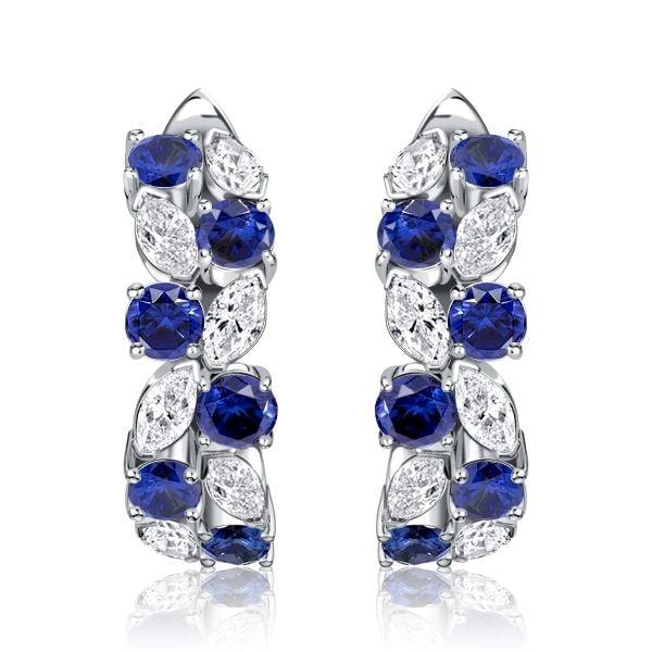 Sterling Silver Marquise Blue Sapphire Cluster Hoop Earrings
