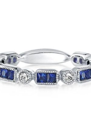 Vintage Milgrain Created Sapphire Wedding Band, 925 Sterling Silver Anniversary Ring
