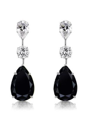 Black Sapphire Pear Drop Earrings in 925 Sterling Silver with Rhodium Plating
