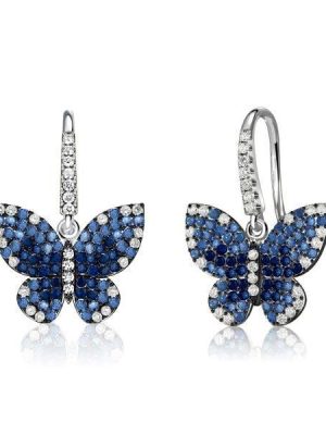 Dancing Butterfly Blue Sapphire Drop Earrings for Women in Sterling Silver