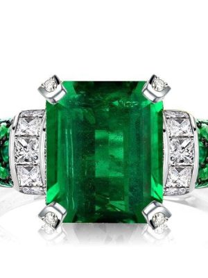 Two Tone Emerald Cut Emerald and Sapphire Engagement Ring in Sterling Silver
