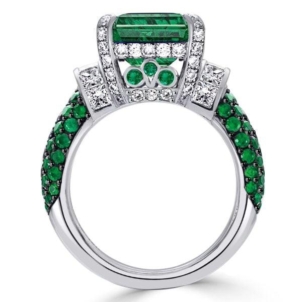 Two Tone Emerald Cut Emerald and Sapphire Engagement Ring in Sterling Silver