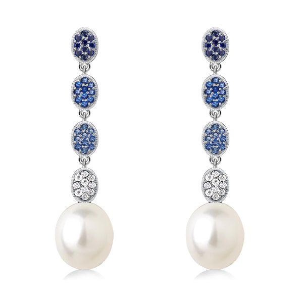 Vintage Sterling Silver Blue Topaz & Pearl Drop Earrings for Women