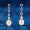 Vintage Sterling Silver Blue Topaz & Pearl Drop Earrings for Women