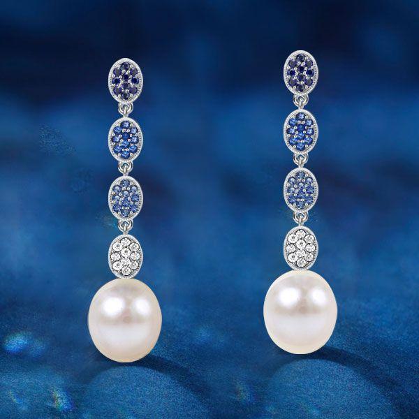 Vintage Sterling Silver Blue Topaz & Pearl Drop Earrings for Women