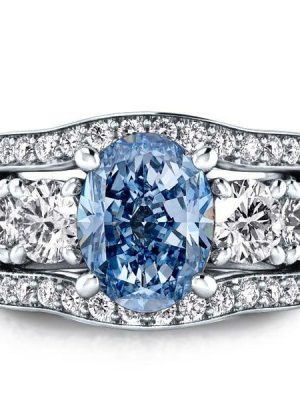 Oval Blue and White Sapphire 3-Piece Wedding Ring Set in Rhodium-Plated Sterling Silver