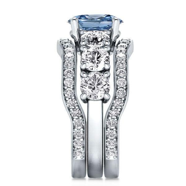 Oval Blue and White Sapphire 3-Piece Wedding Ring Set in Rhodium-Plated Sterling Silver