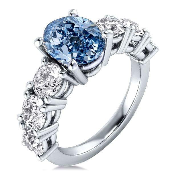Oval Blue and White Sapphire 3-Piece Wedding Ring Set in Rhodium-Plated Sterling Silver